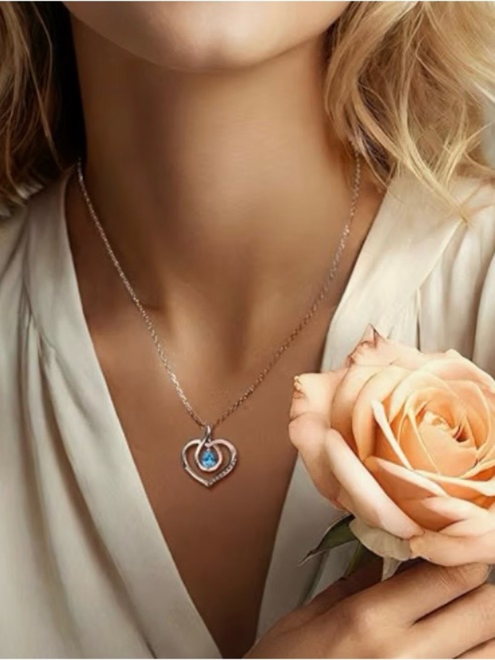 December Birthstone w Authentic Topaz & Diamonds Heart Necklace 925 Silver